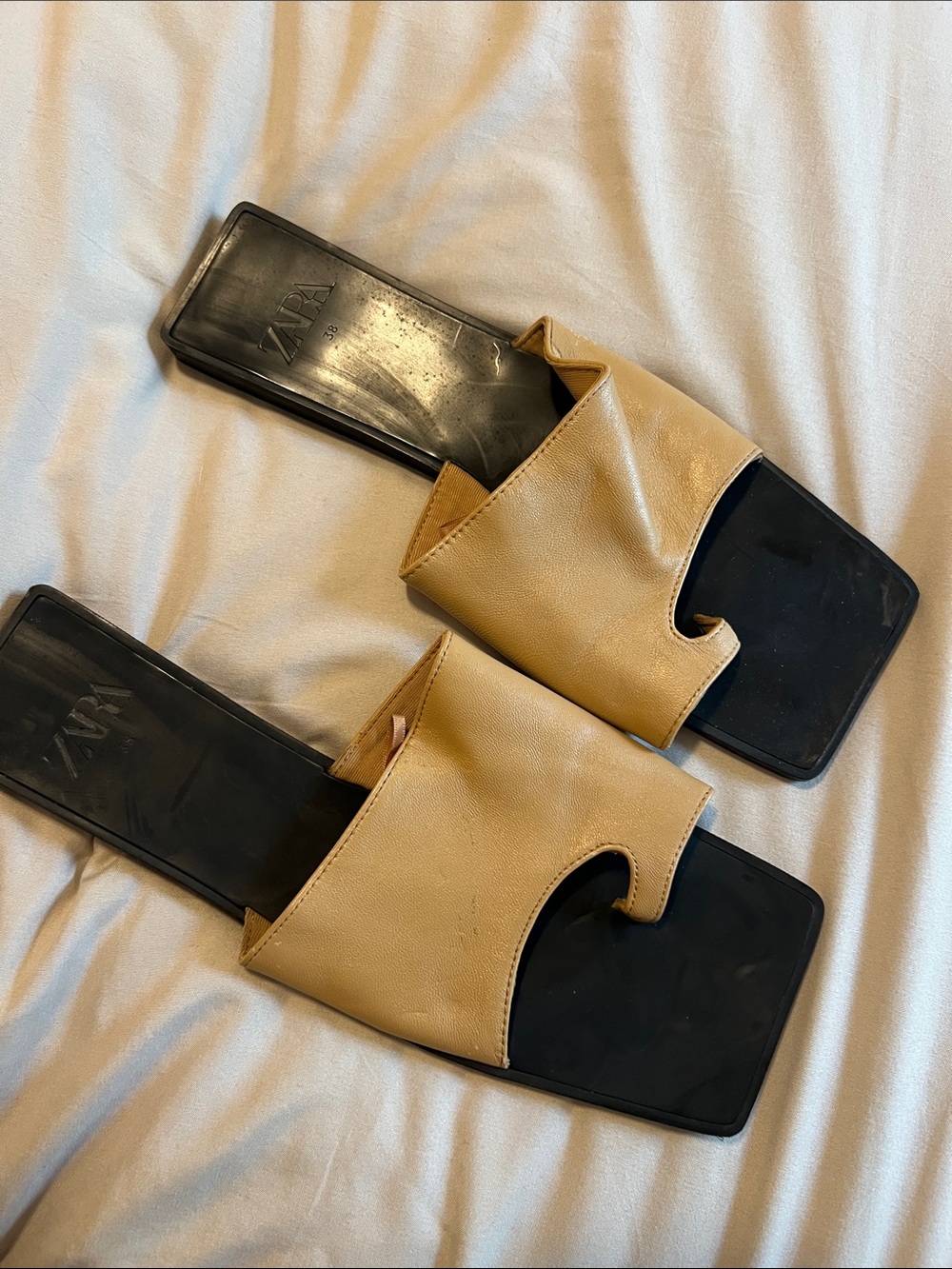 Zara Beige Slide Sandals with Black Square Footbed